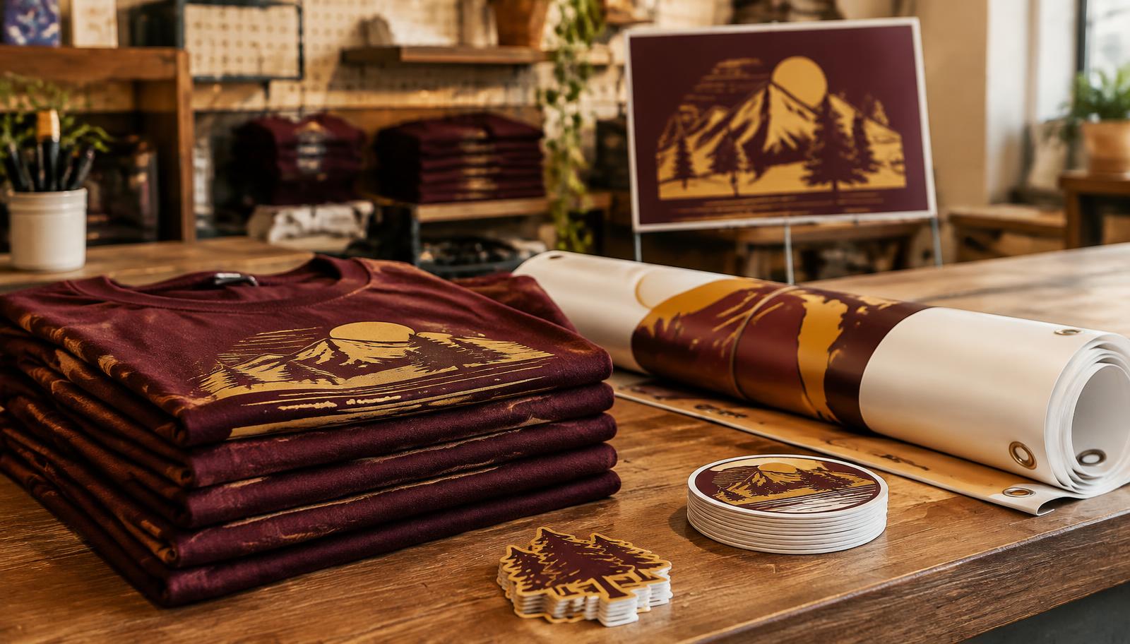 Burgundy shirts, stickers and banners printed with gold mountain artwork